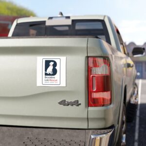 Brookline Lab Rescue 5" × 5" car magnet featuring the organization's vertical logo with a black Labrador silhouette, navy blue "B," red collar, and the words "Rescue. Foster. Love." on a white background. on a truck