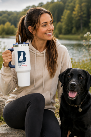 Woman holding a Brookline Lab Rescue 40 oz stainless steel travel tumbler while spending time outdoors with a black Labrador Retriever.
