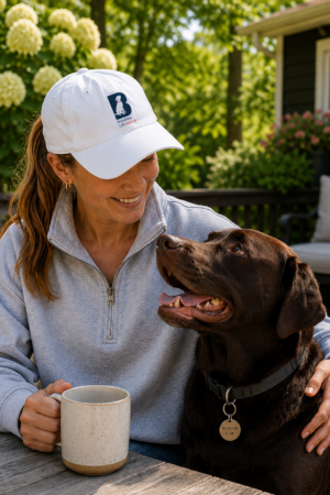 Woman wearing the Brookline Lab Rescue white low profile baseball cap with a printed Labrador logo.