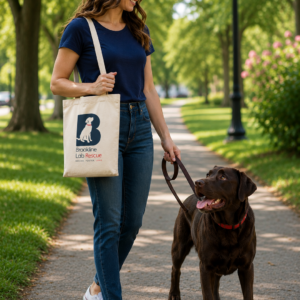 Woman walking a chocolate Labrador while carrying the Brookline Lab Rescue cotton canvas tote bag.