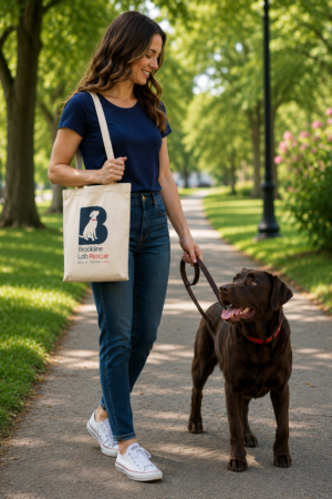 Woman walking a chocolate Labrador while carrying the Brookline Lab Rescue cotton canvas tote bag.