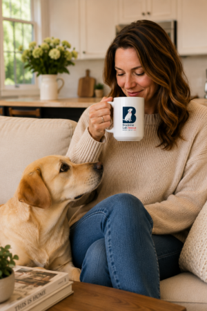 Woman enjoying coffee from a Brookline Lab Rescue 15 oz ceramic mug while relaxing indoors with a yellow Labrador Retriever beside her.