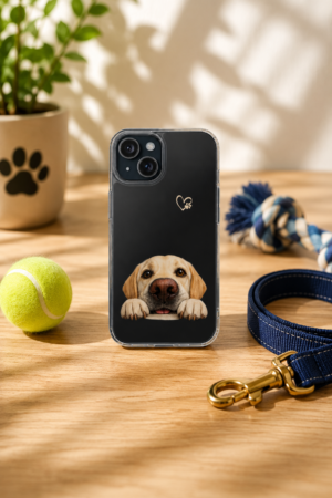 Brookline Lab Rescue Labrador Retriever phone case displayed on a wooden tabletop with a dog leash, tennis ball, rope toy, and paw print planter in a bright lifestyle setting.