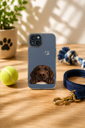 Chocolate Labrador Retriever impact resistant phone case displayed on a wooden tabletop with a dog leash, tennis ball, rope toy, and paw print planter.
