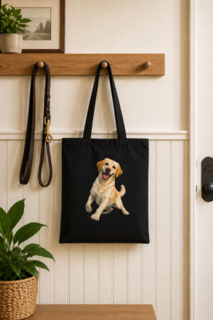 Rescue Always Ready Yellow Labrador canvas tote bag hanging on an entryway coat hook beside a leather dog leash.