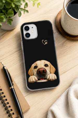 Hopeful Eyes Yellow Labrador Retriever Flexi phone case displayed on a modern wood desk with a notebook, coffee mug, and plant, showcasing the original Yellow Labrador artwork created for Brookline Lab Rescue.