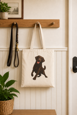 Natural canvas tote featuring the Always Ready Chocolate Labrador design hanging on a wooden entryway coat rack.