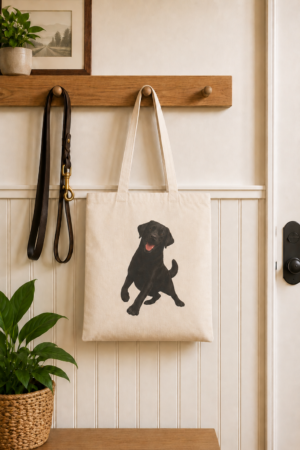 Natural cotton canvas tote featuring the Always Ready Black Labrador design hanging on a wooden entryway coat rack.