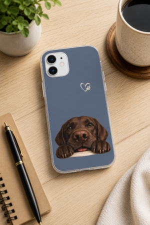 Hopeful Eyes Chocolate Labrador Retriever Flexi phone case displayed on a modern wood desk with a notebook, coffee mug, and plant, featuring original Chocolate Labrador artwork created for Brookline Lab Rescue.