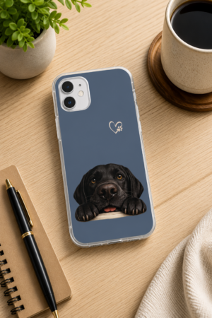 Hopeful Eyes Black Labrador Retriever Flexi phone case displayed on a modern wood desk with a notebook, coffee mug, and plant, featuring original Black Labrador artwork created especially for Brookline Lab Rescue.