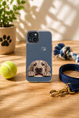 Lifestyle image of the Hopeful Eyes Silver Labrador clear Samsung phone case featuring an adorable Silver Labrador peeking over the bottom edge on a slate blue background, displayed with a tennis ball, leash, rope toy, and paw print planter.