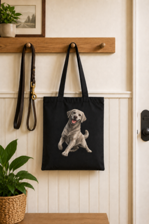 Black Always Ready Silver Labrador canvas tote hanging on a wooden entryway hook, featuring an exclusive playful Silver Labrador illustration.