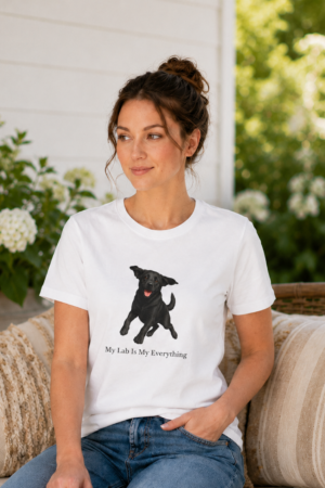Woman wearing a white Bella + Canvas 6400 women's relaxed jersey T-shirt featuring an exclusive joyful Black Labrador illustration and the phrase "My Lab Is My Everything" by Brookline Lab Rescue.