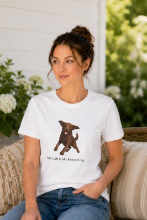 Woman wearing a white Bella + Canvas 6400 women's relaxed jersey T-shirt featuring an exclusive joyful Chocolate Labrador illustration and the phrase "My Lab Is My Everything" by Brookline Lab Rescue.