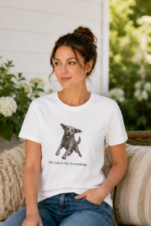 Woman wearing a white Bella + Canvas 6400 women's relaxed jersey T-shirt featuring an exclusive joyful Silver Labrador illustration and the phrase "My Lab Is My Everything" by Brookline Lab Rescue.