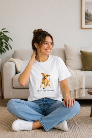 Woman wearing a white Gildan 64000 Unisex Softstyle T-Shirt featuring the My Lab Is My Everything design with an exclusive joyful Yellow Labrador illustration created for Brookline Lab Rescue.
