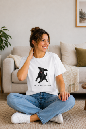 women wearing a white Gildan 64000 Unisex Softstyle T-Shirt featuring the My Lab Is My Everything design with an exclusive joyful Black Labrador illustration created for Brookline Lab Rescue, surrounded by trees.