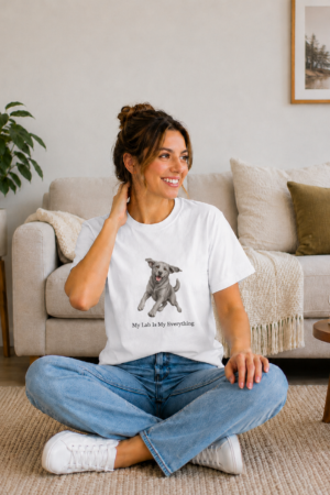 women wearing a white Gildan 64000 Unisex Softstyle T-Shirt featuring the My Lab Is My Everything design with an exclusive joyful Silver Labrador illustration created for Brookline Lab Rescue, surrounded by trees.