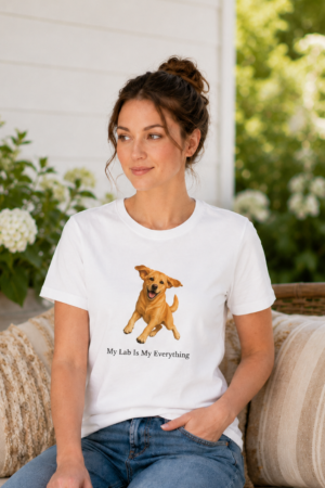 Woman wearing a white Bella + Canvas 6400 Women's Relaxed Jersey T Shirt featuring a playful fox red Labrador Retriever illustration with the words "My Lab Is My Everything," seated on a sunlit porch with a relaxed, casual style.