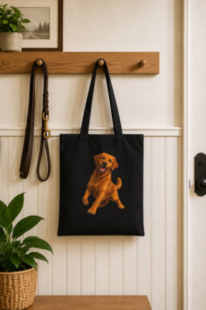 Black cotton canvas tote bag featuring a fox red Labrador Retriever illustration hanging on a wooden entryway coat rack beside a leather leash in a bright, welcoming home.