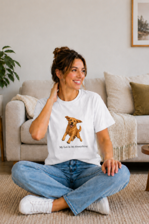 Smiling woman wearing a white Gildan 64000 unisex short sleeve T shirt featuring a playful fox red Labrador Retriever illustration with the words "My Lab Is My Everything" in a family room