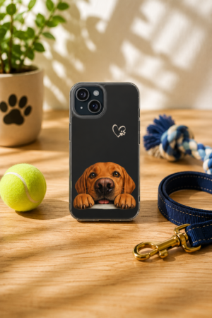 Black iPhone impact resistant phone case featuring a fox red Labrador Retriever peeking over the bottom edge displayed on a wooden table beside a tennis ball, rope toy, leash, and paw print planter in warm natural light.