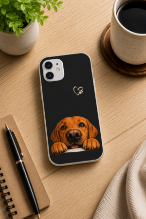 Black iPhone case featuring a fox red Labrador Retriever peeking over the bottom edge, styled on a light wood desk with a notebook, pen, coffee mug, and small potted plant.