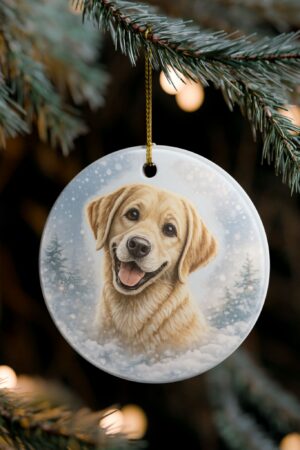 Round ceramic Christmas ornament featuring a yellow Labrador retriever puppy in a snowy winter scene, hanging from a gold string