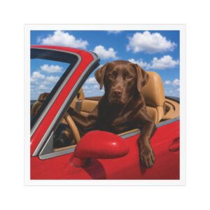 5" × 5" My Copilot Has Four Paws Chocolate Lab magnet featuring a realistic chocolate Labrador driving a red convertible beneath a bright blue sky.