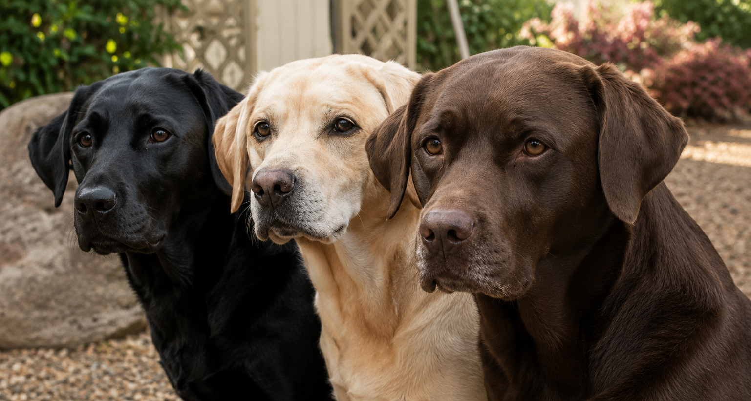 Three Labrador Retrievers, one black, one yellow, and one chocolate, sitting together outdoors representing Brookline Lab Rescue.