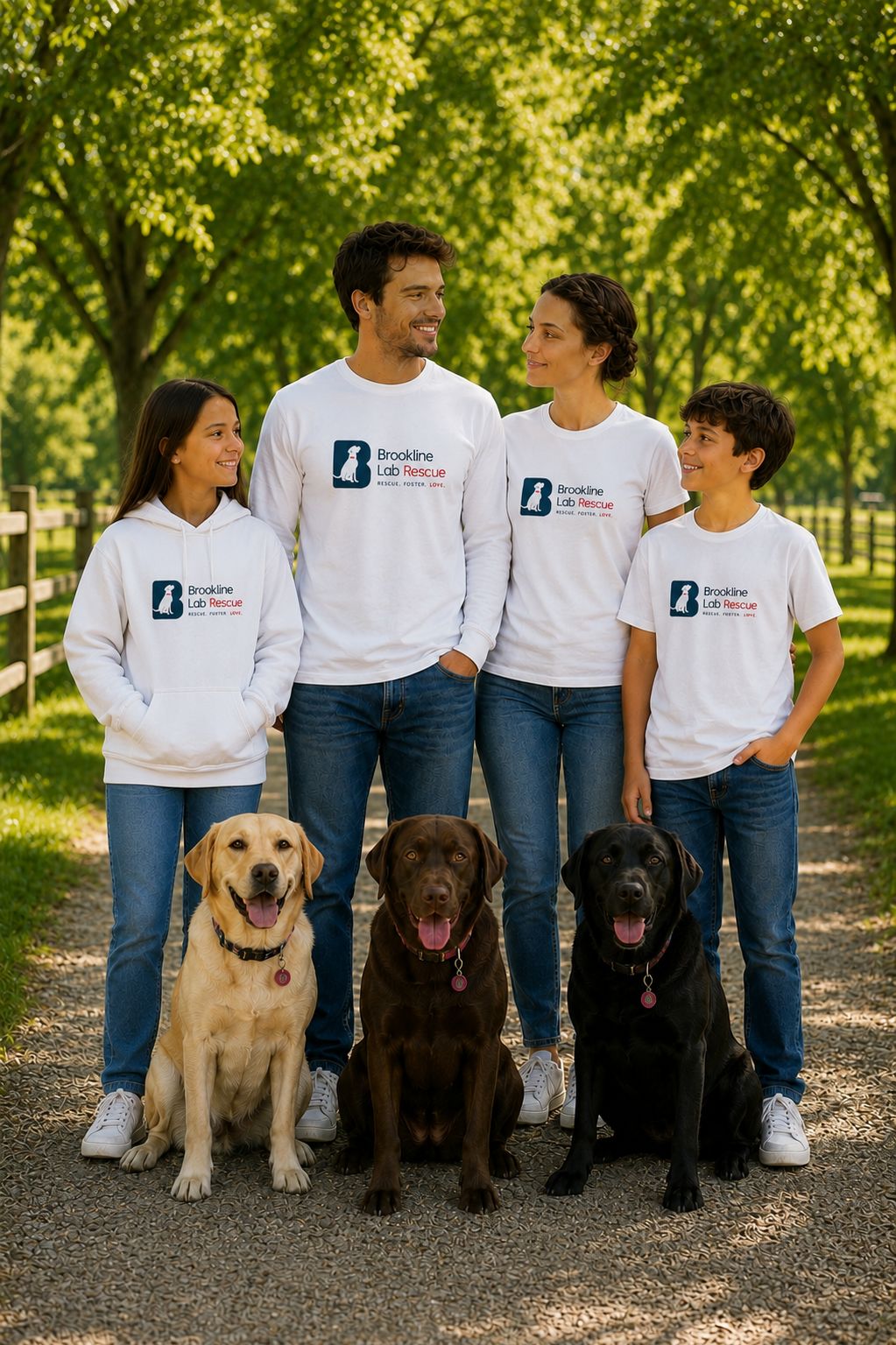 Family wearing Brookline Lab Rescue logo T-shirts with three Labrador Retrievers sitting in front of them.