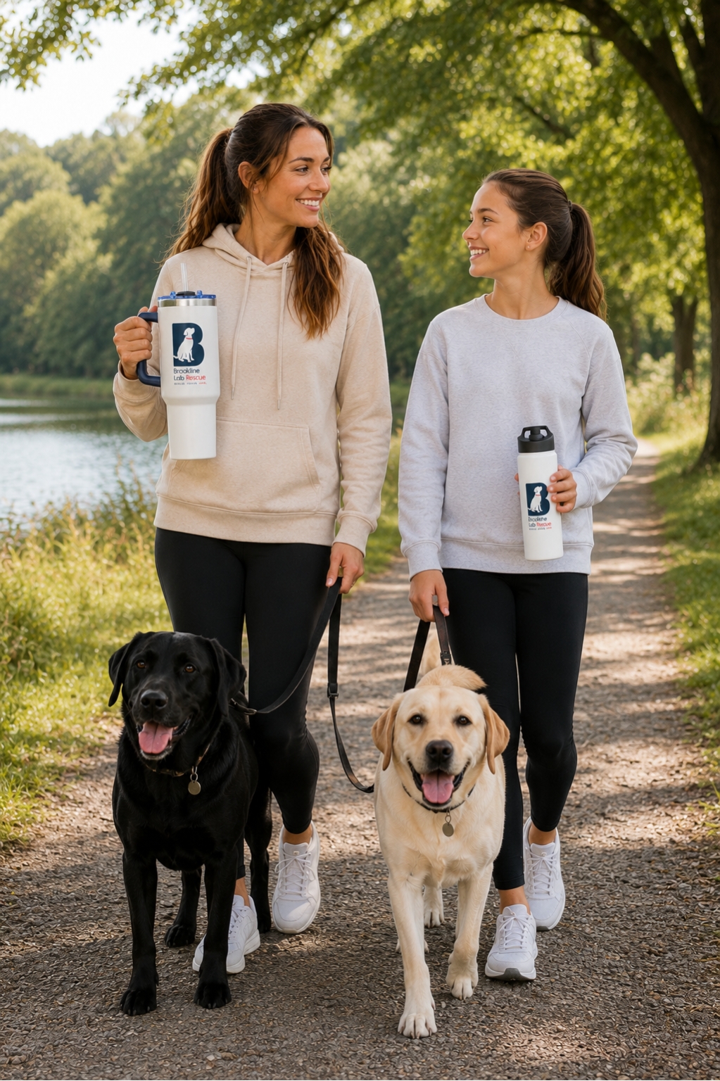 Mother and daughter walking a black Labrador and a yellow Labrador along a scenic lakeside trail while carrying Brookline Lab Rescue drinkware, featuring a white 40 oz travel tumbler and a white stainless steel water bottle.
