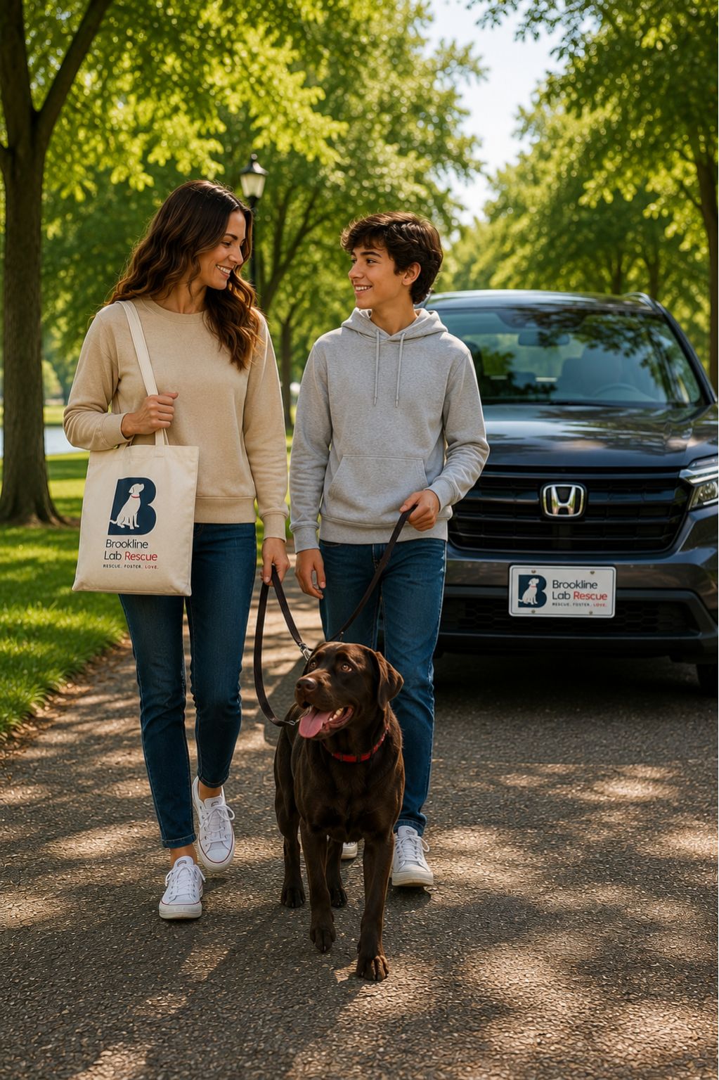 Woman and boy with a yellow Labrador, Brookline Lab Rescue tote bag, and Brookline Lab Rescue license plate.
