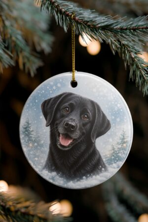Black Labrador ceramic Christmas ornament featuring a smiling black Lab with bright expressive eyes, a snowy winter background, and softly faded evergreen trees on a transparent watercolor-style design.