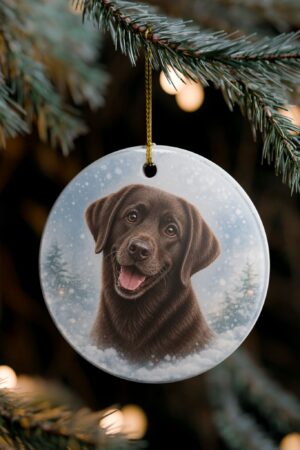 Chocolate Labrador ceramic Christmas ornament featuring a smiling chocolate Lab with bright expressive eyes, a snowy winter background, and softly faded evergreen trees in a watercolor-style holiday design.
