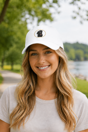 Smiling woman wearing a dark navy low profile baseball cap featuring the exclusive Joyful Eyes Black Labrador Retriever artwork inside a gold oval while outdoors near a tree lined lakeside path. The adjustable cotton cap is available exclusively through Brookline Labrador Retriever Rescue and supports Labrador rescue efforts.