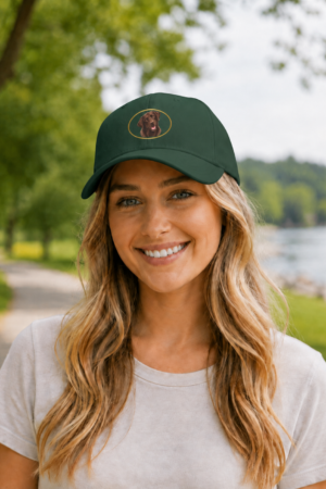 Woman wearing a dark green low profile baseball cap featuring a Chocolate Labrador Retriever portrait inside a gold oval while standing outdoors along a lakeside path.