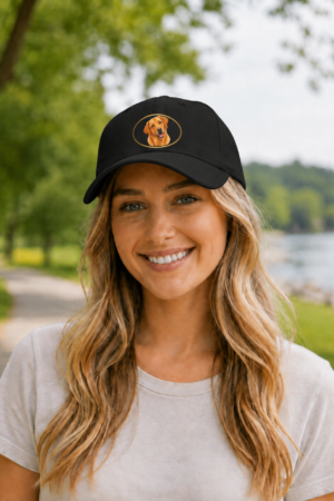 Woman wearing a black low profile baseball cap featuring a Fox Red Labrador Retriever portrait inside a gold oval while standing outdoors along a lakeside path.
