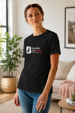 Woman wearing a black Bella + Canvas Brookline Lab Rescue logo t shirt in a bright living room. The shirt features a white and red Brookline Lab Rescue logo designed for dark apparel with a white "B," transparent black Labrador silhouette, and bright red accents.