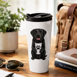 Morning Companion Black Lab 15 oz stainless steel travel mug displayed on a wooden table in a bright, cozy setting with a potted plant, notebook, sunglasses, books, and a travel bag. The white insulated travel mug features an original illustration of a cheerful Black Labrador Retriever holding a travel mug with a bold black paw print. Available only from Brookline Lab Rescue Apparel & Gifts, every purchase helps support Labrador Retriever rescue.
