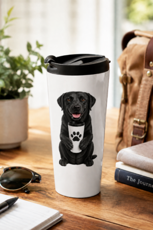 Morning Companion Black Lab 15 oz stainless steel travel mug displayed on a wooden table in a bright, cozy setting with a potted plant, notebook, sunglasses, books, and a travel bag. The white insulated travel mug features an original illustration of a cheerful Black Labrador Retriever holding a travel mug with a bold black paw print. Available only from Brookline Lab Rescue Apparel & Gifts, every purchase helps support Labrador Retriever rescue.
