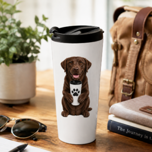 Morning Companion Chocolate Lab 15 oz stainless steel travel mug displayed on a wooden table in a bright, cozy setting with a potted plant, notebook, sunglasses, books, and a travel bag. The white insulated travel mug features an original illustration of a cheerful Chocolate Labrador Retriever holding a travel mug with a bold black paw print. Available only from Brookline Lab Rescue Apparel & Gifts, every purchase helps support Labrador Retriever rescue.