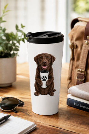 Morning Companion Chocolate Lab 15 oz stainless steel travel mug displayed on a wooden table in a bright, cozy setting with a potted plant, notebook, sunglasses, books, and a travel bag. The white insulated travel mug features an original illustration of a cheerful Chocolate Labrador Retriever holding a travel mug with a bold black paw print. Available only from Brookline Lab Rescue Apparel & Gifts, every purchase helps support Labrador Retriever rescue.