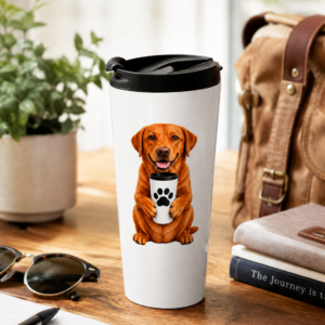 Morning Companion Fox Red Lab 15 oz stainless steel travel mug displayed on a wooden table in a bright, cozy setting with a potted plant, notebook, sunglasses, books, and a travel bag. The white insulated travel mug features an original illustration of a cheerful Fox Red Labrador Retriever holding a travel mug with a bold black paw print. Available only from Brookline Lab Rescue Apparel & Gifts, every purchase helps support Labrador Retriever rescue.