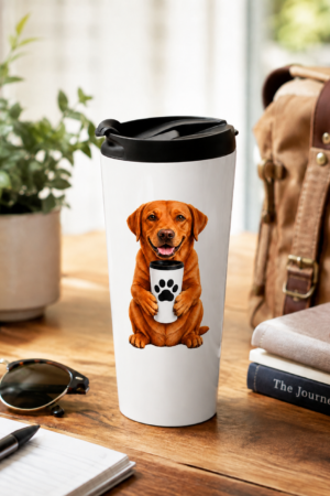 Morning Companion Fox Red Lab 15 oz stainless steel travel mug displayed on a wooden table in a bright, cozy setting with a potted plant, notebook, sunglasses, books, and a travel bag. The white insulated travel mug features an original illustration of a cheerful Fox Red Labrador Retriever holding a travel mug with a bold black paw print. Available only from Brookline Lab Rescue Apparel & Gifts, every purchase helps support Labrador Retriever rescue.