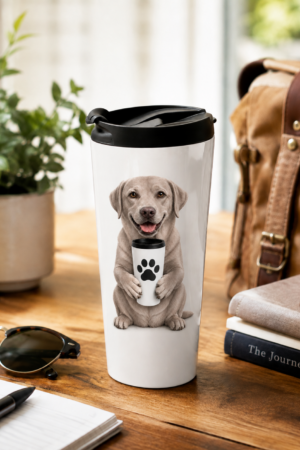 Silver Labrador Retriever 15 oz stainless steel travel mug featuring a realistic silver Lab holding a coffee tumbler, displayed on a wooden desk beside a notebook, sunglasses, plant, books, and backpack.