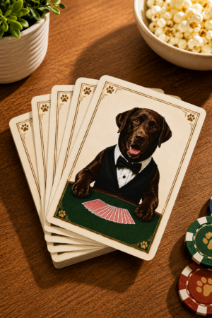Chocolate Labrador playing card deck displayed on a wooden table with poker chips, popcorn, and game night accessories, showcasing a premium family game night gift for Labrador lovers.