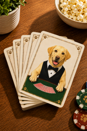 Yellow Labrador playing card deck displayed on a wooden table with colorful game chips, popcorn, and a potted plant, featuring exclusive Labrador artwork for family game nights and dog lovers.
