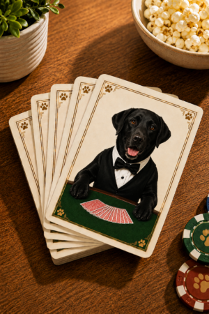 Black Labrador playing card deck displayed on a wooden table with colorful game chips, popcorn, and a potted plant, featuring exclusive Labrador artwork for family game nights and dog lovers.