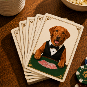 Fox Red Labrador playing card deck displayed on a wooden table with colorful game chips, popcorn, and a potted plant, featuring exclusive Labrador artwork for family game nights and dog lovers.
